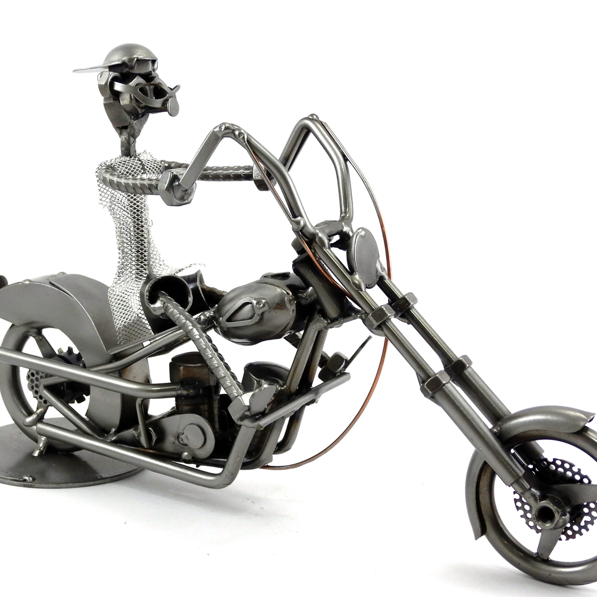 SCULTURA MOTOCICLISTA SU HARLEY CHOPPER METAL IDEA.IT