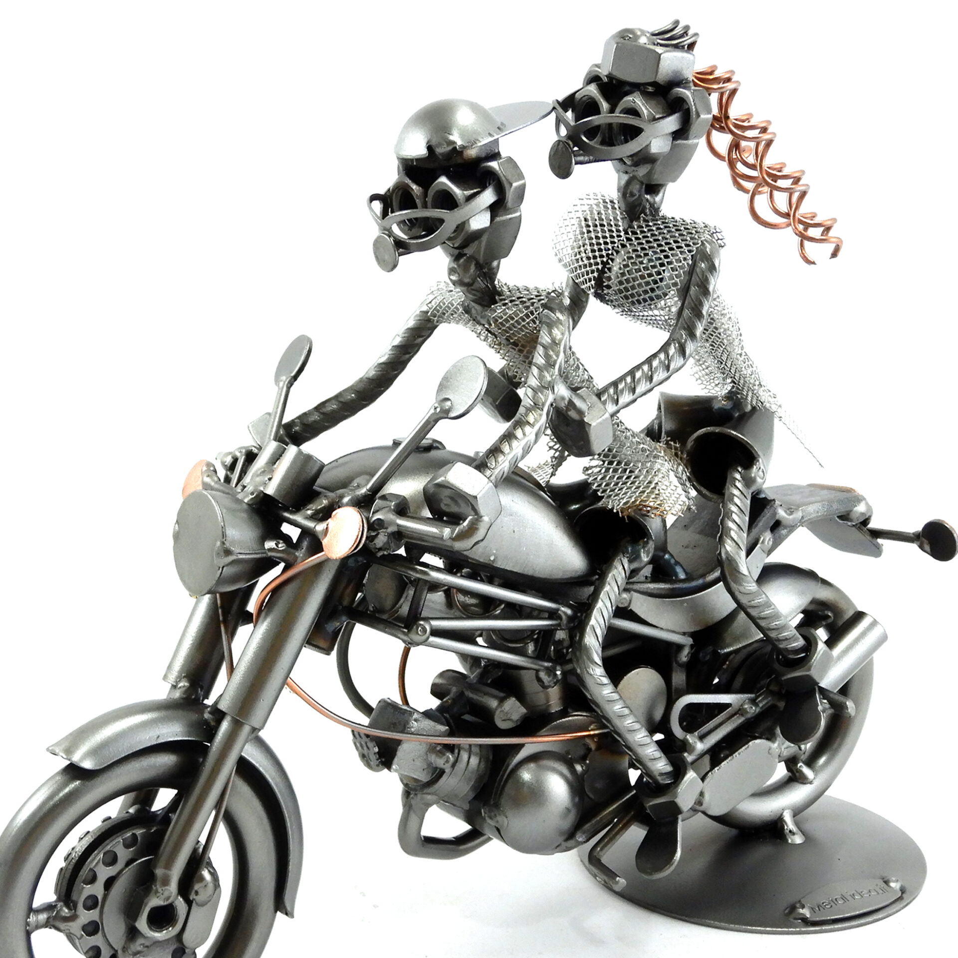 SCULTURA COPPIA SU MOTO TIPO DUCATI COPPIA SU DUCATI METAL IDEA.IT